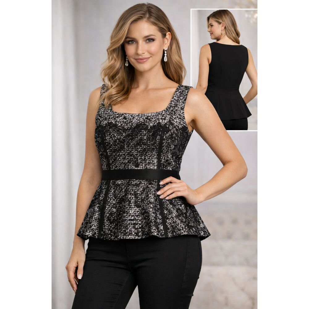 Badgley Mischka Top Black Silver Metallic Fabric Black Lace Overlay Peplum‎ Sz14